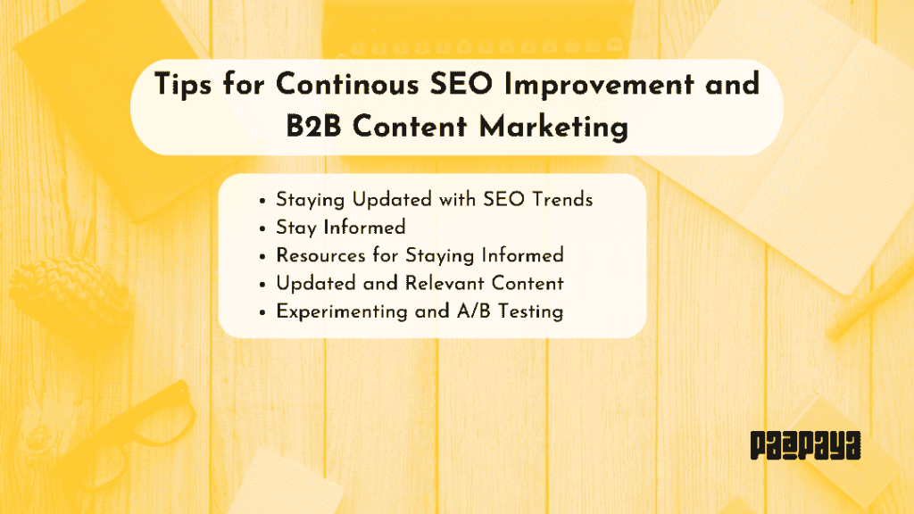 This image shows Paapaya's tips for continuous SEO improvements and B2B Content marketing 